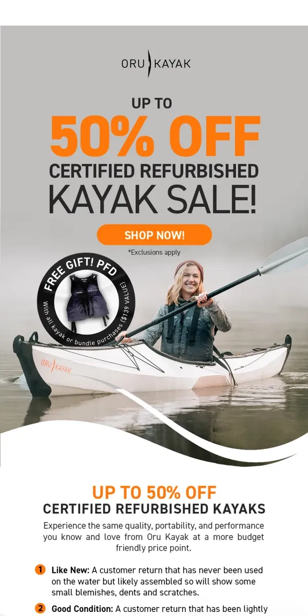 Email from Oru Kayak. Hurry! Refurbished Kayaks Selling Out Fast ⚡