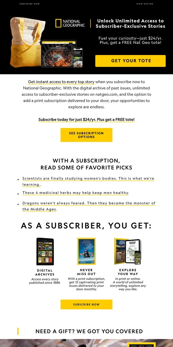 Email from National Geographic. Limited Time: FREE Tote with Nat Geo Subscription, Only $24/yr!