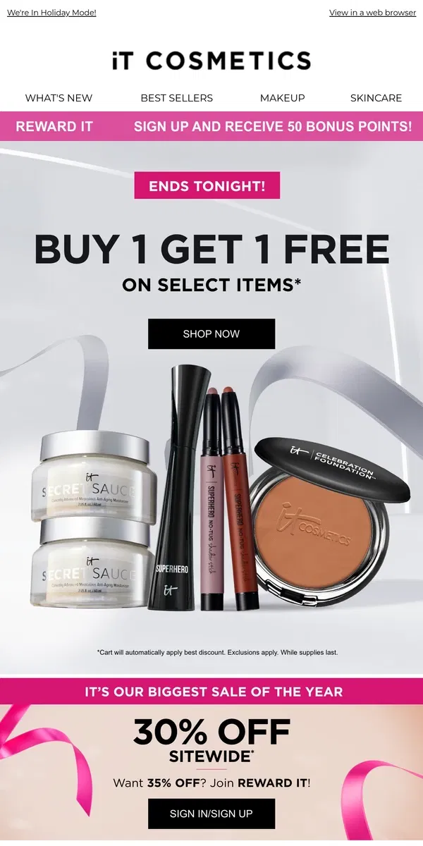 Email from IT Cosmetics. Buy 1 Get 1 Free Ends Tonight!