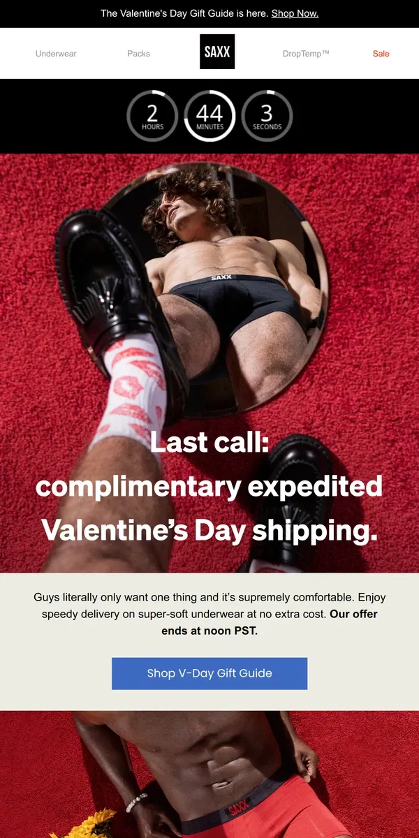 Email from SAXX Underwear. Complimentary V-Day shipping ends at noon PST 💌⚡️⌛