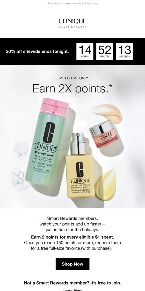 Email from Clinique. ⏰ Final hours ⏰ 2X Smart Rewards points with your purchase.