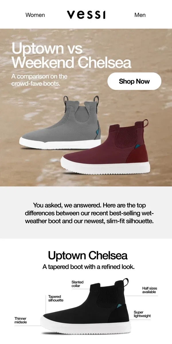 Email from Vessi. Uptown vs Weekend Chelsea boot