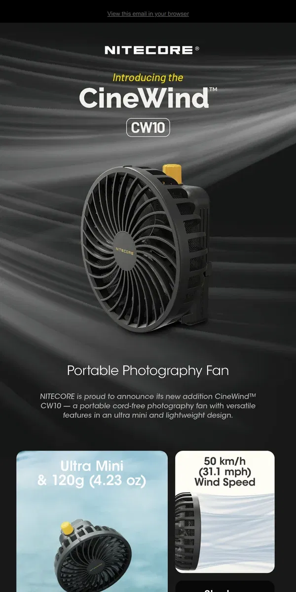 Email from NITECORE. Introducing CW10 Portable Photography Fan