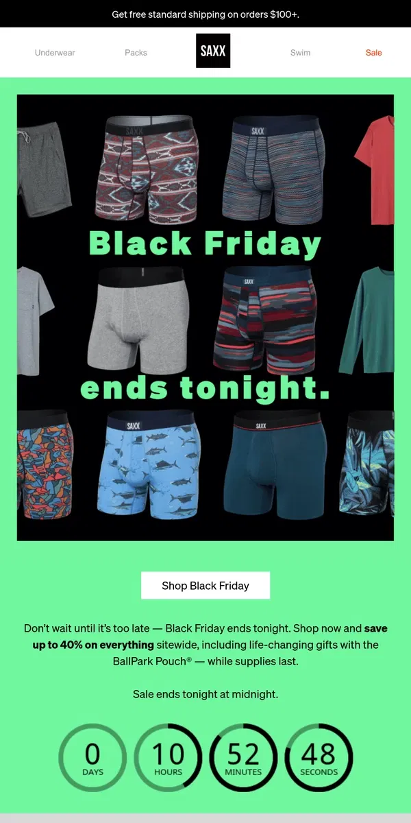 Email from SAXX Underwear. Up to 40% off everything ends tonight ‼️