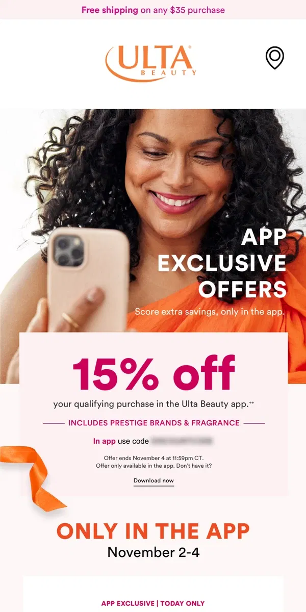 Email from Ulta Beauty. 15% OFF + exclusive deals in the app 📱