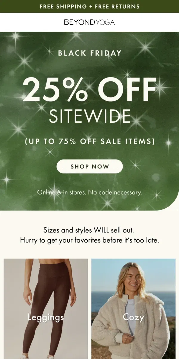 Email from Beyond Yoga. 25% OFF IS HAPPENING NOW 🎉