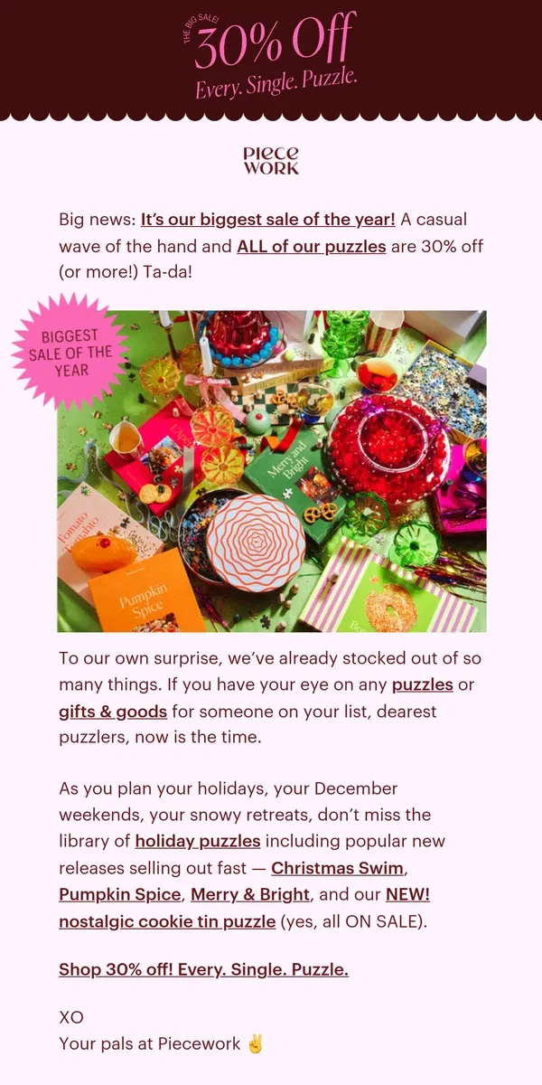 Email from Piecework Puzzles. Our BIG SALE is here ✨