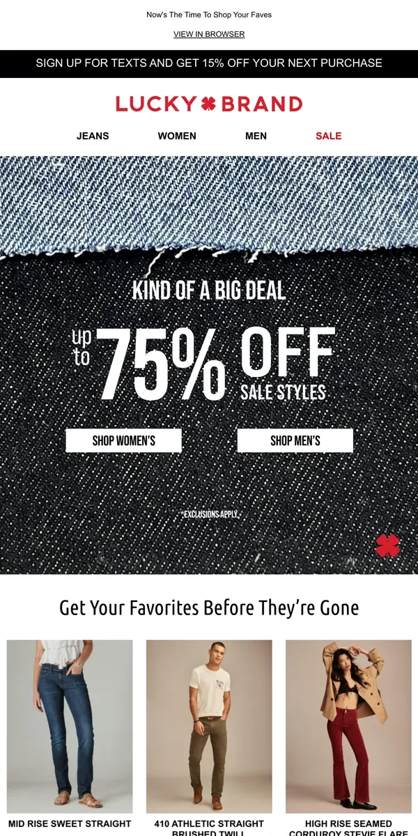 Email from Lucky Brand. A BIG Treat: Up To 75% Off Sale Styles