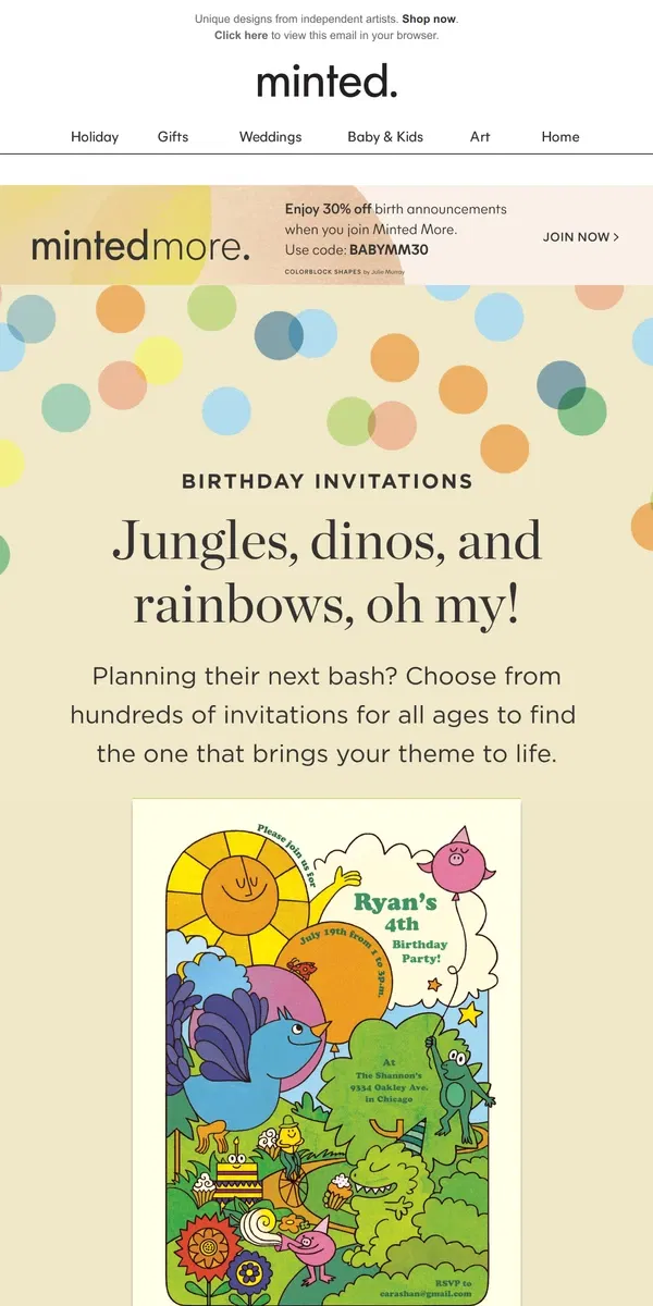 Email from Minted. Unique birthday invites for all ages