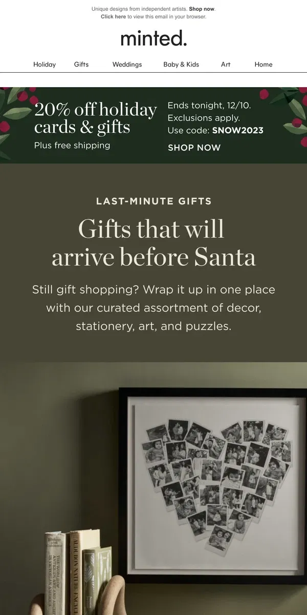 Email from Minted. 20% off gifts that will arrive before Santa