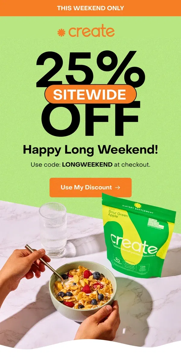 Email from Create Wellness. Clock’s ticking, get your creatine