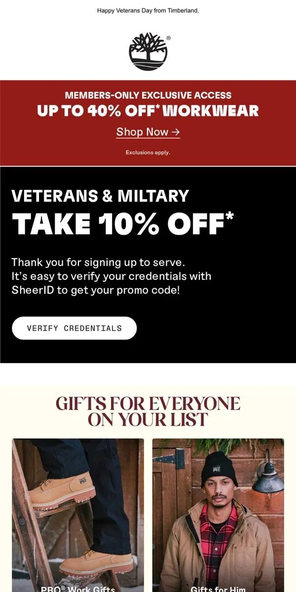 Email from Timberland. 10% off for veterans & active duty military.