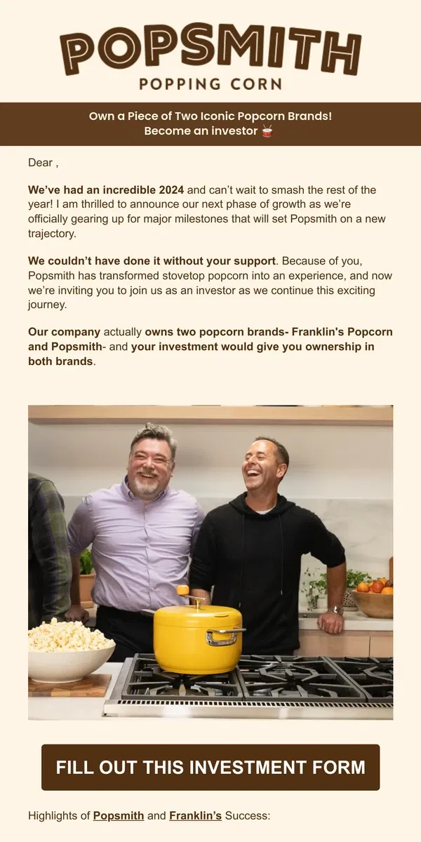 Email from Popsmith. Own a Piece of Two Iconic Popcorn Brands?