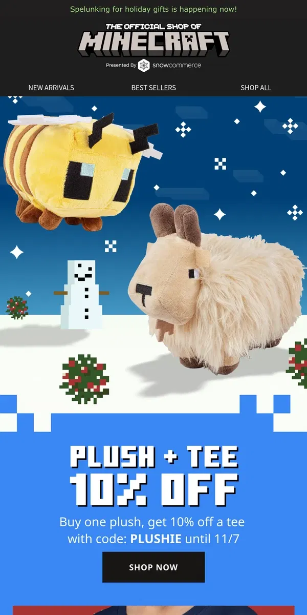 Email from Minecraft. Shop & Save! Buy a Plush and Receive 10% Off T-Shirts!