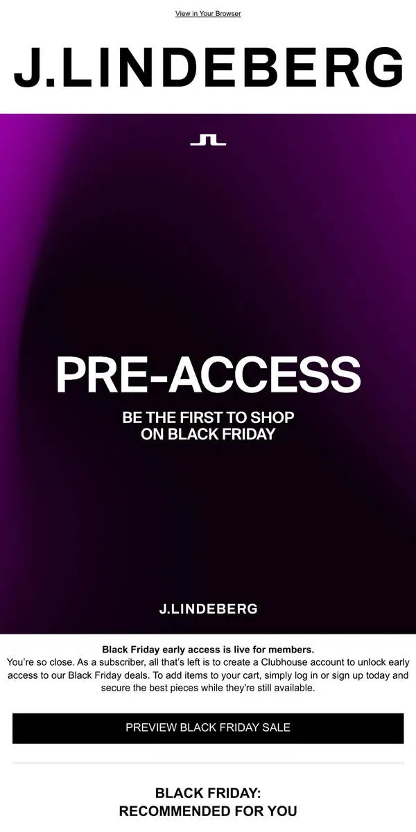 Email from J.Lindeberg. Don't Miss Out: Black Friday Pre-Access