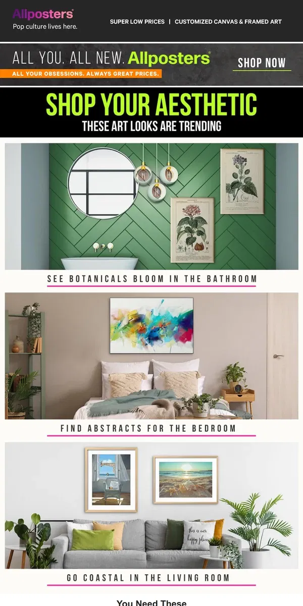 Email from AllPosters. Art trends by room.