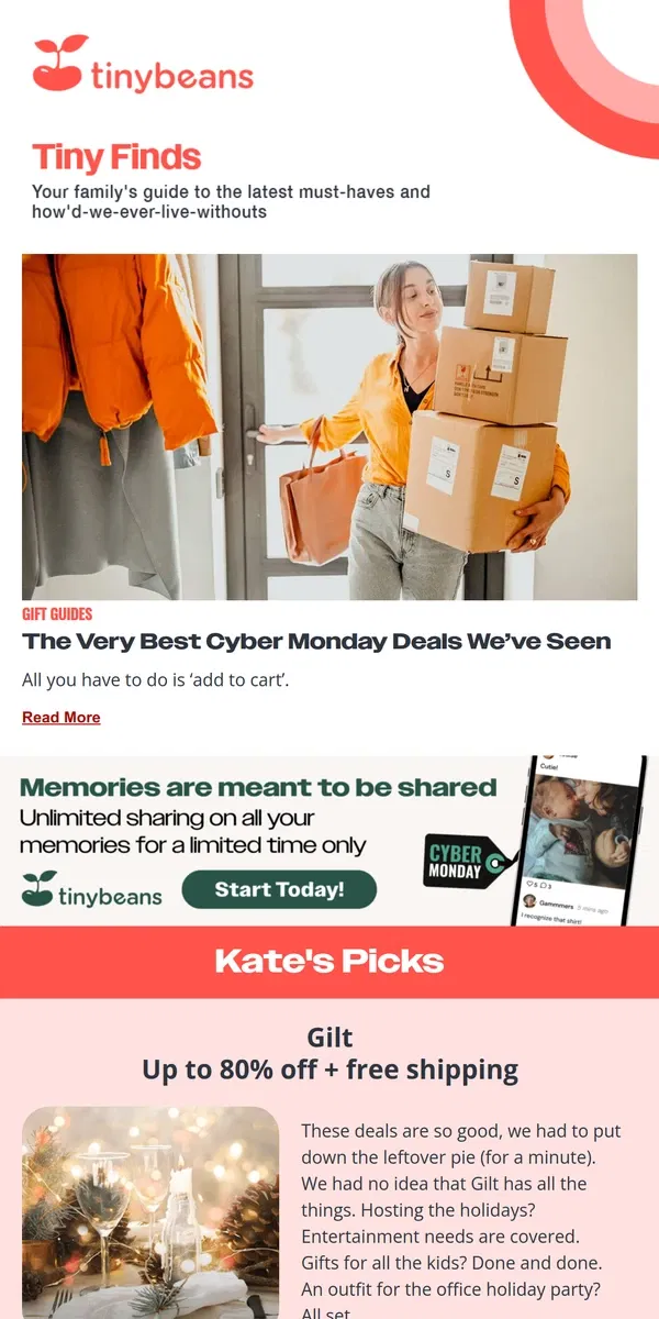 Email from Tinybeans. The Cyber Monday Deals We've Been Holding Out For 🤑