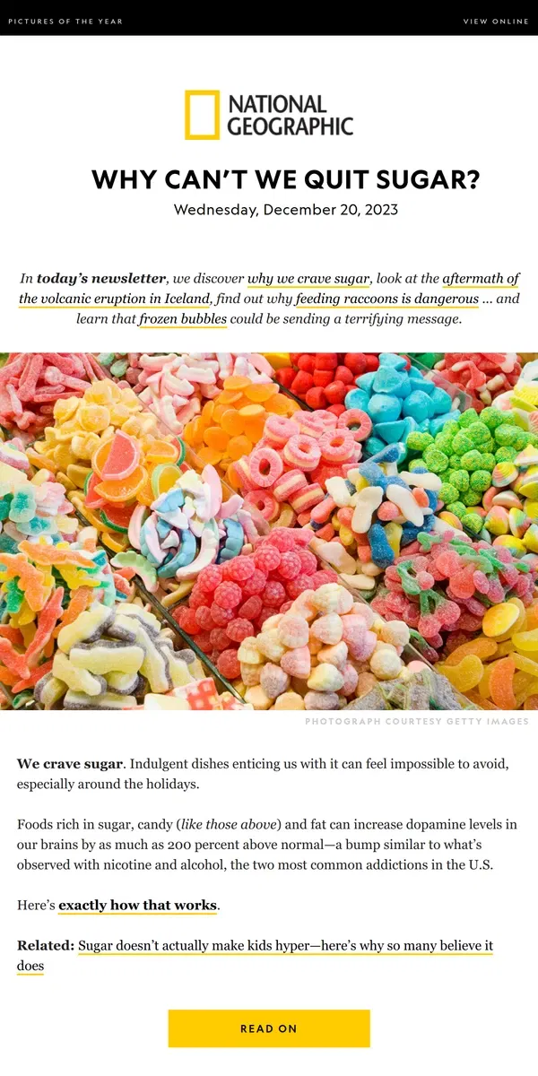 Email from National Geographic. How sugar affects your brain. Plus, aftermath of Iceland's volcanic eruption; 7 principles of Kwanzaa