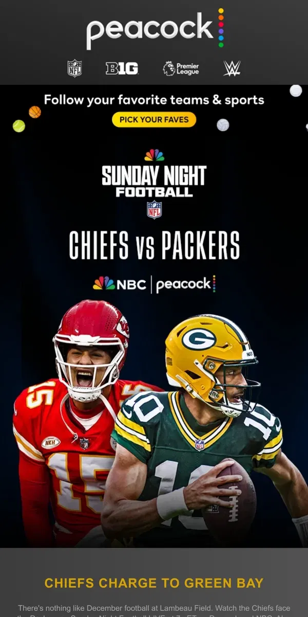 Email from Peacock. Sunday Night Football: Chiefs vs. Packers 🏈