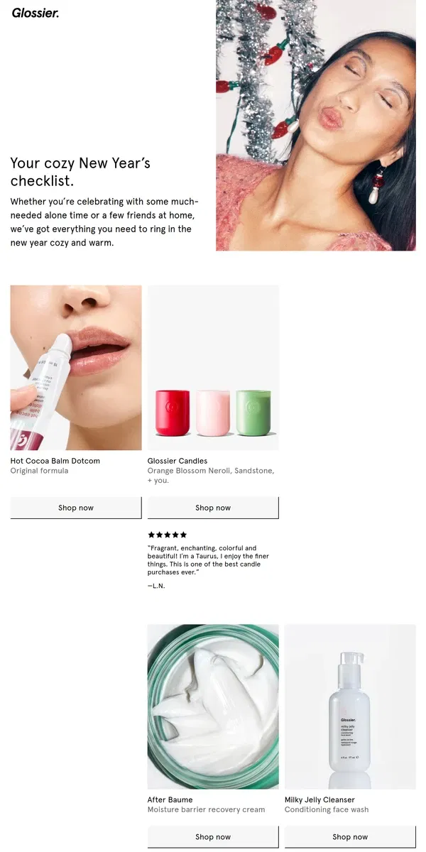 Email from Glossier. Cozy up to the new year