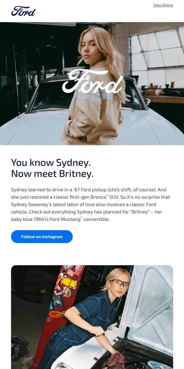 Email from Ford. Sydney Sweeney. A classic Mustang® convertible. Perfect together.