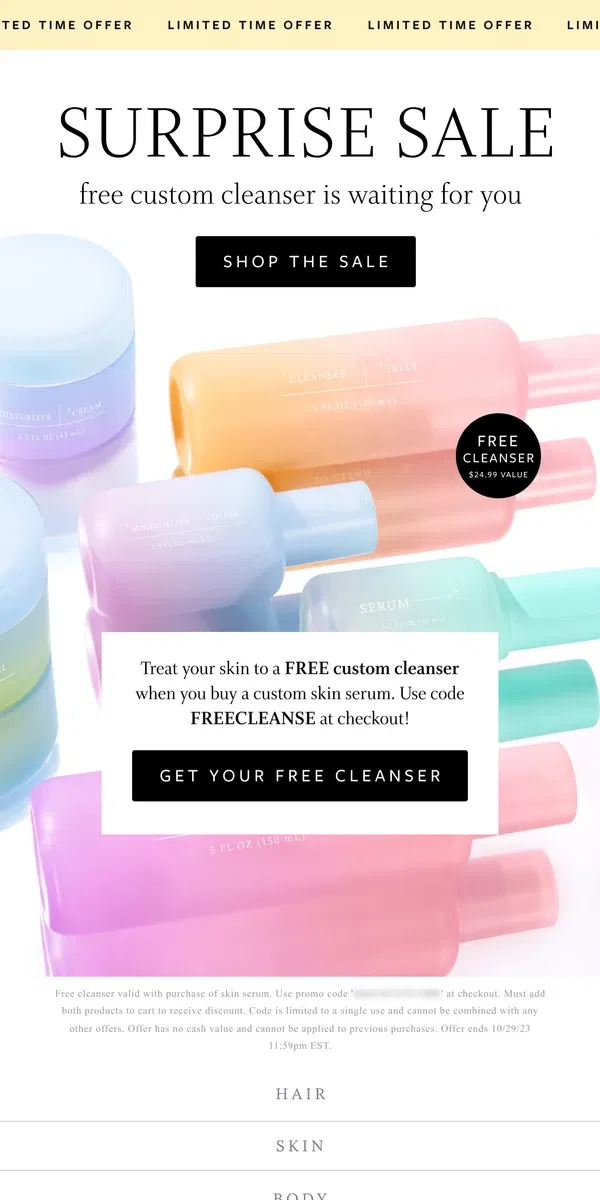 Email from Function of Beauty. Surprise! Get a FREE custom cleanser