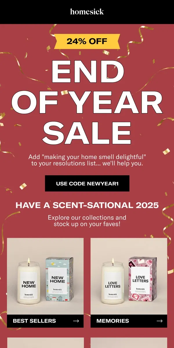 Email from Homesick Candles. END OF YEAR SALE | 24% OFF