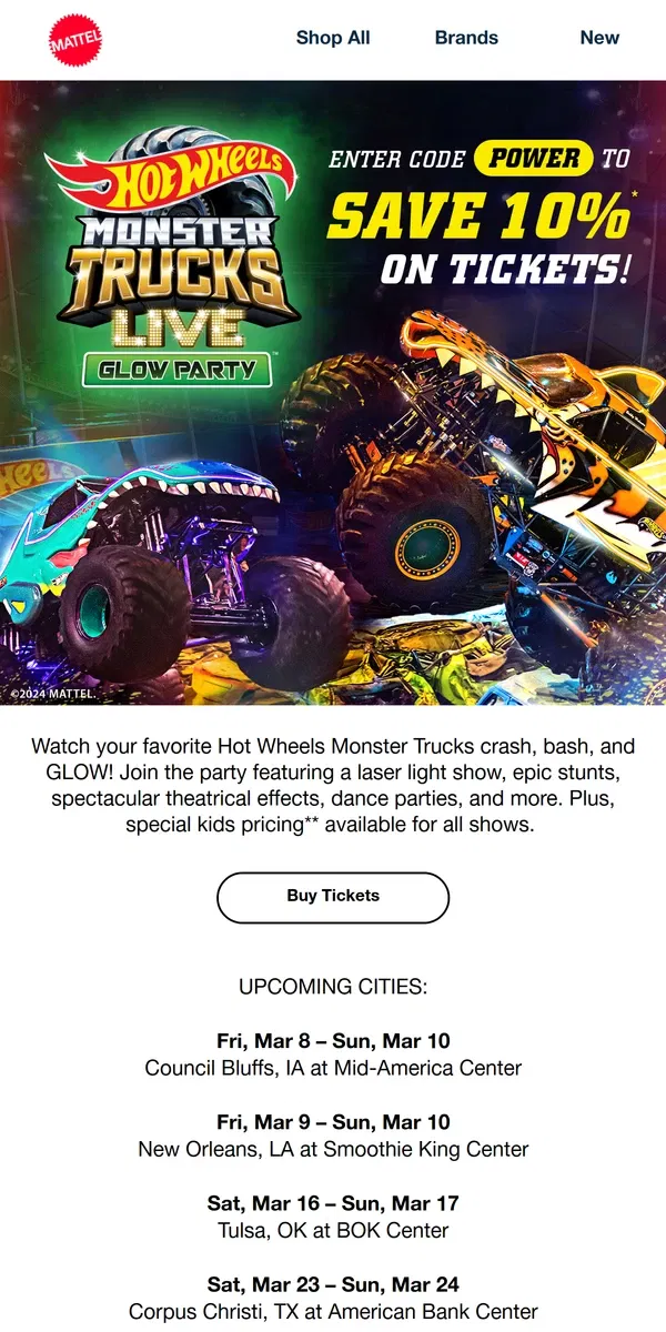 Email from Mattel Store. Epic Offer on Hot Wheels Monster Trucks Live Tickets