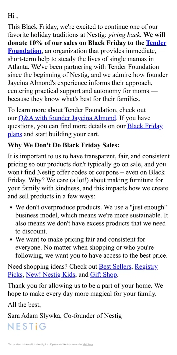 Email from Nestig. Our plans for Black Friday