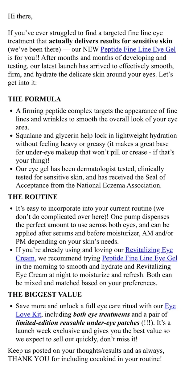 Email from cocokind. Let’s talk about our new eye gel  👀