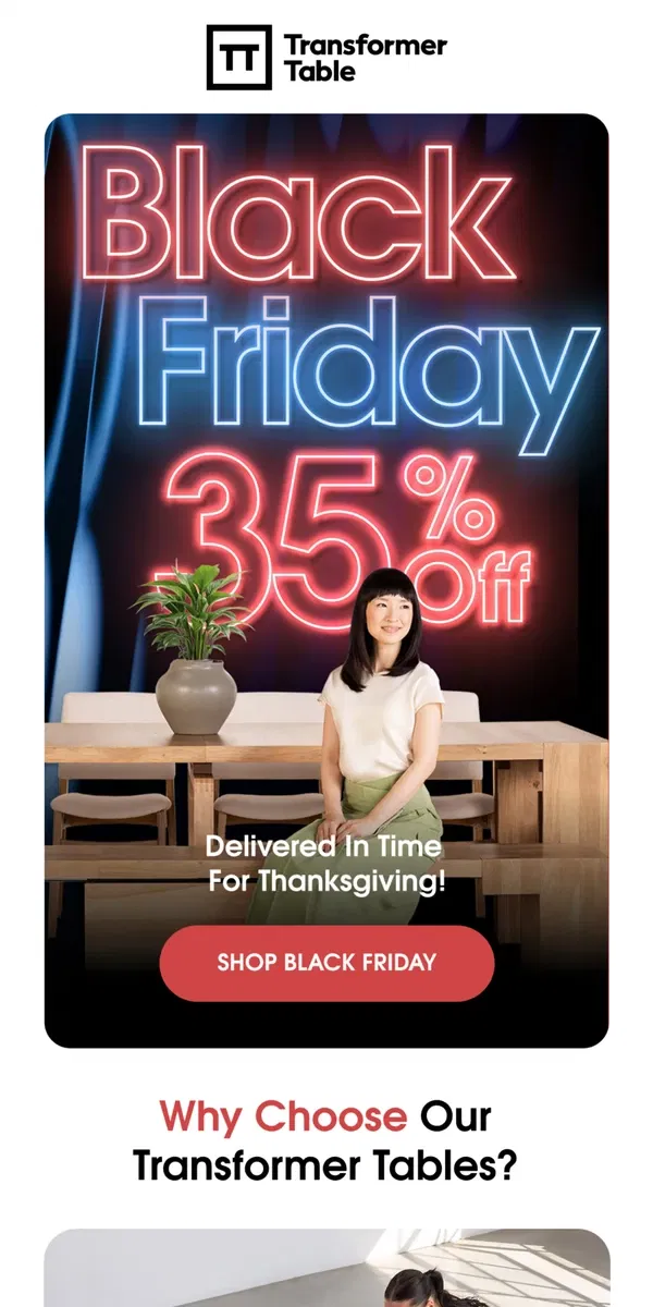 Email from Transformer Table. Black Friday Sale Is Live: Low Stock Alert!