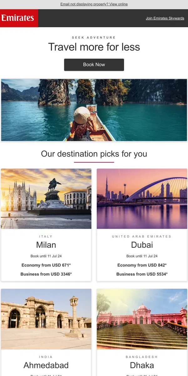 Email from Emirates. Plan your next holiday with our special fares