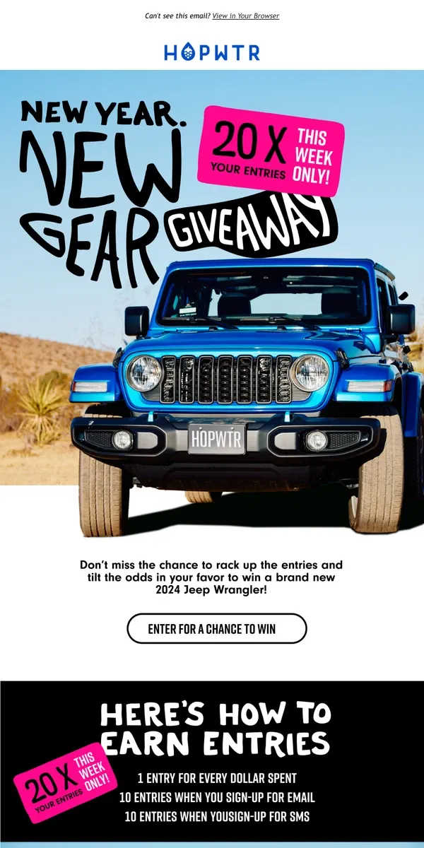 Email from HOP WTR. 😱 Win a Car with 20X Entries! 🚗