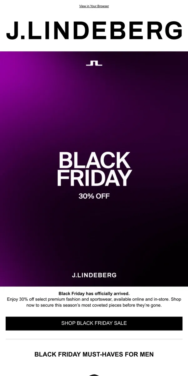 Email from J.Lindeberg. Black Friday Is Here – Shop Now