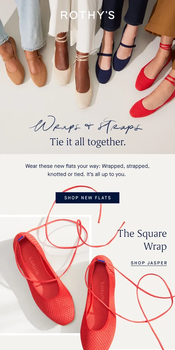 Email from Rothy's. NEW! Wraps & straps.