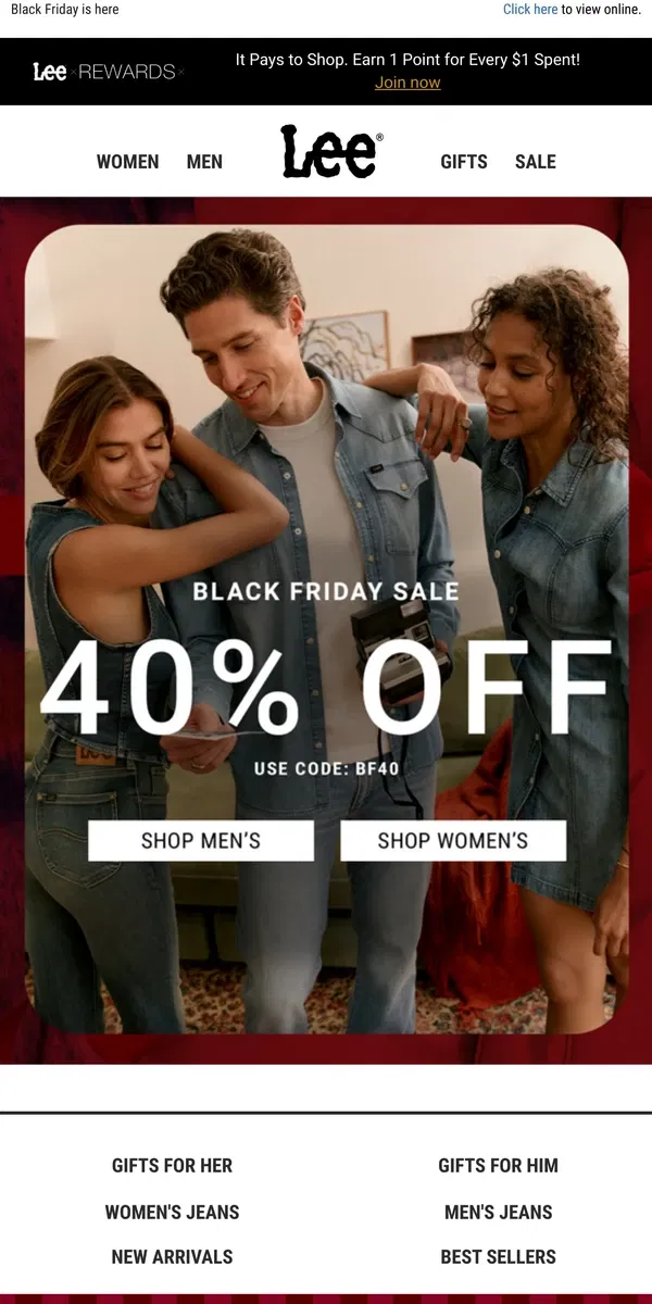 Email from Lee. Enjoy 40% off this Black Friday