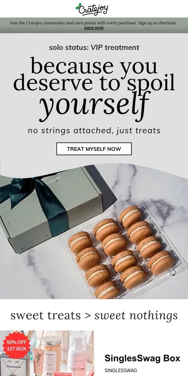 Email from Cratejoy. Singles Day: treats + deals inside 🍫