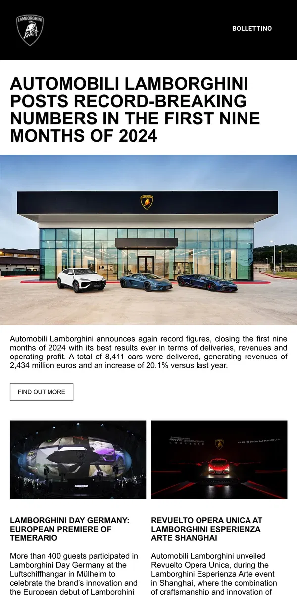 Email from Lamborghini. Automobili Lamborghini posts record-breaking numbers in the first nine months of 2024