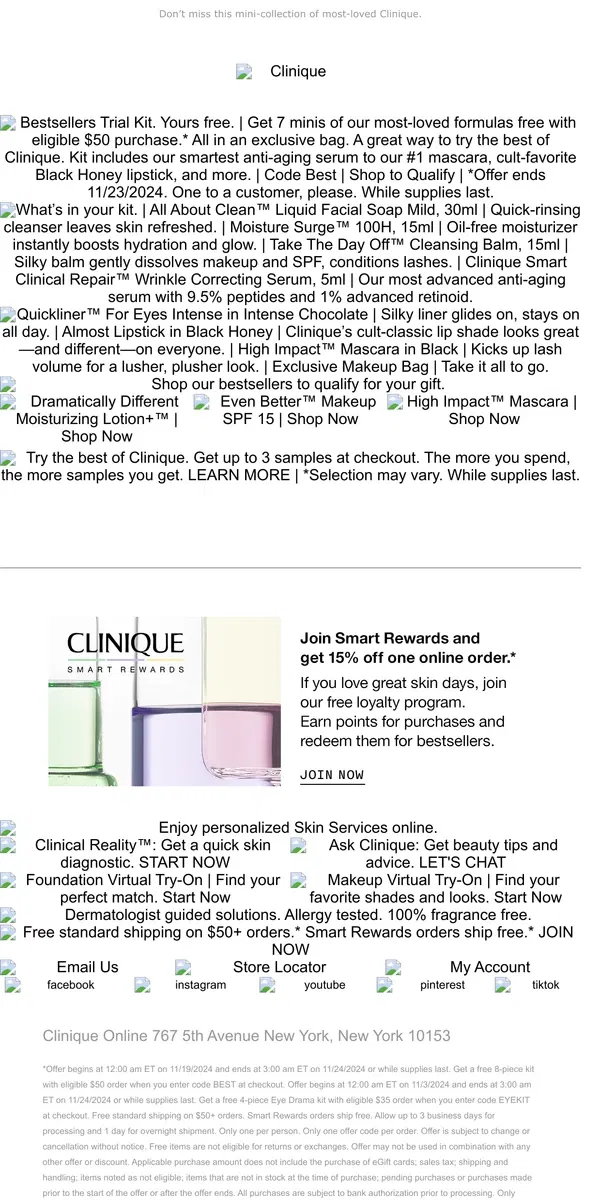 Email from Clinique. Free 8-piece gift 😍 with eligible $50 purchase.  