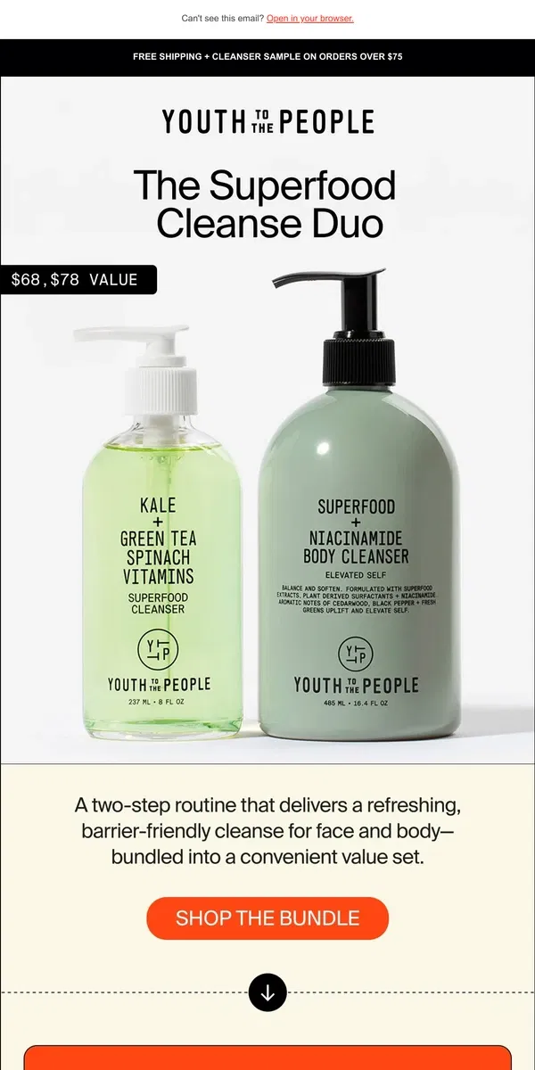 Email from Youth To The People. $10 Off Your Daily Cleansers