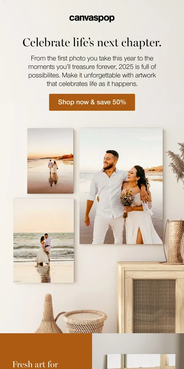 Email from Canvaspop. New year, 50% off fresh starts! 🤩