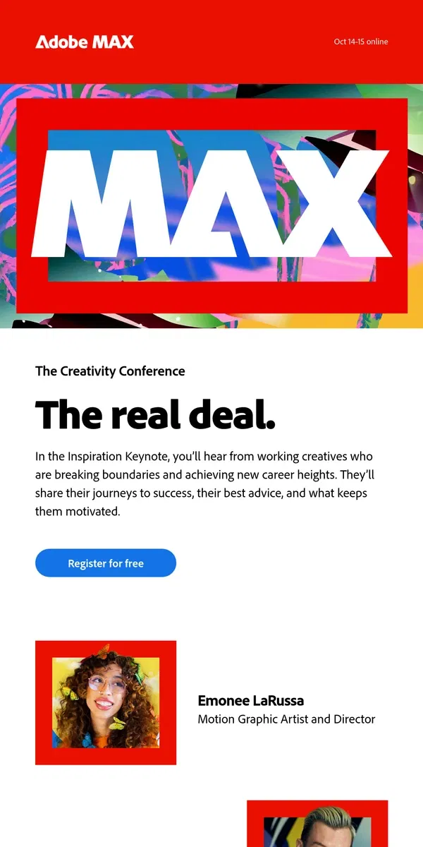 Email from Adobe. Inspiration Keynote speakers announced