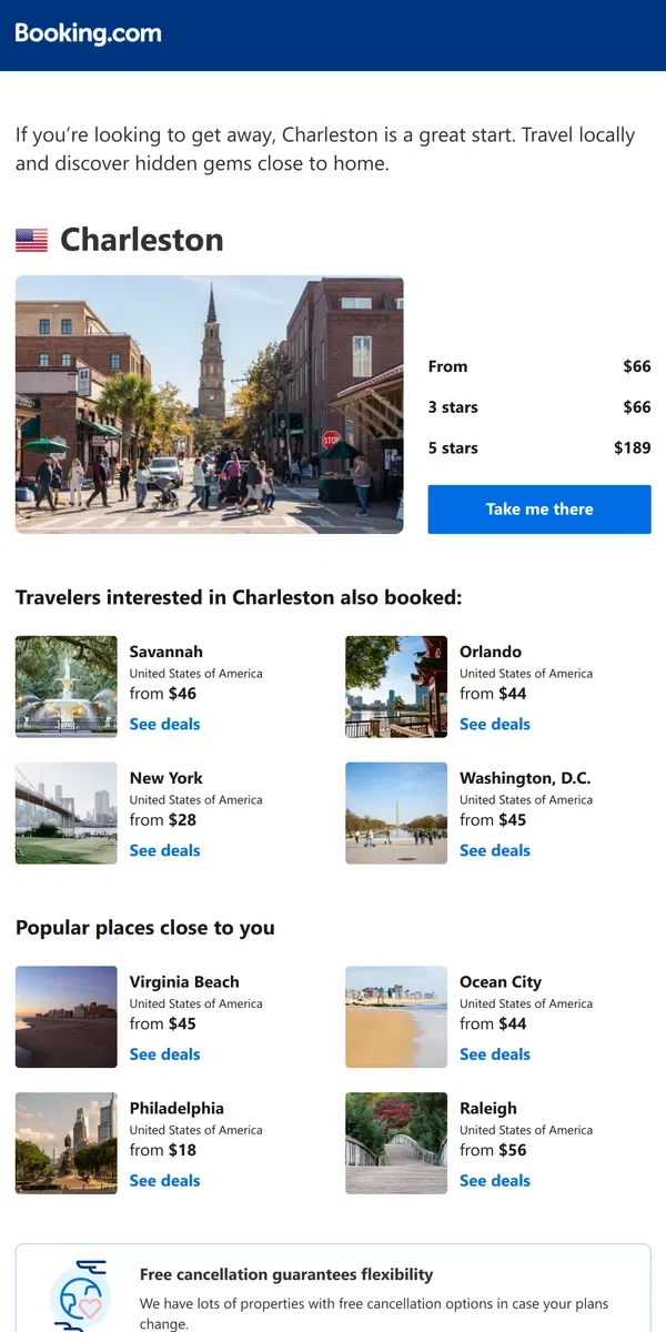 Email from Booking.com. Don’t forget your search for Charleston – prices as low as $66!