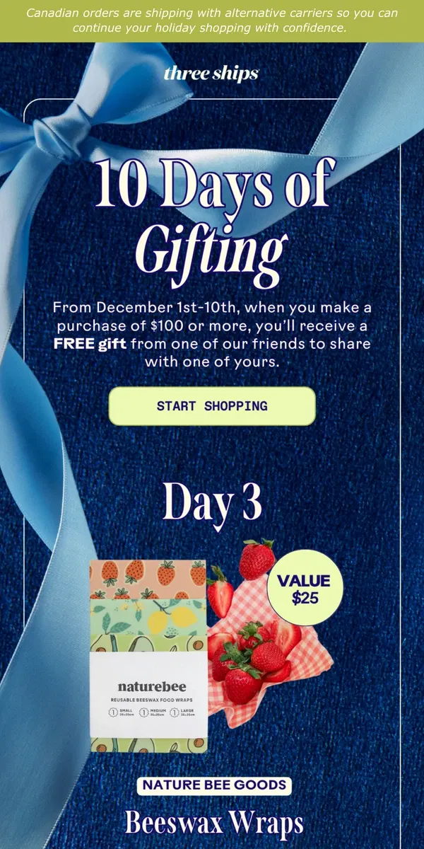 Email from Three Ships Beauty. Open to reveal today's FREE GIFT