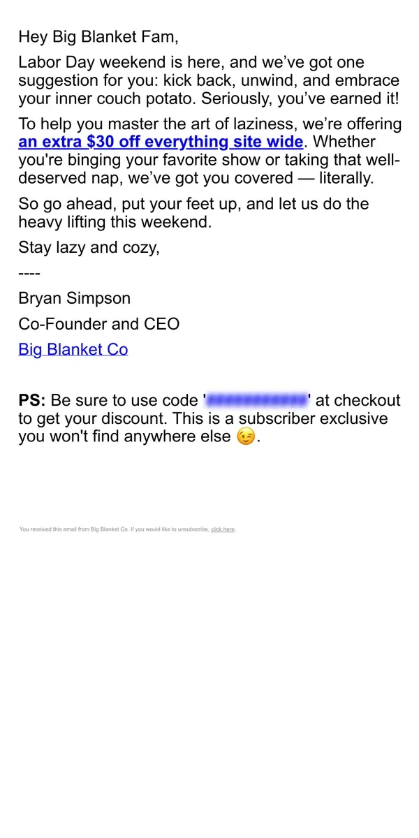 Email from Big Blanket Co. You deserve a break