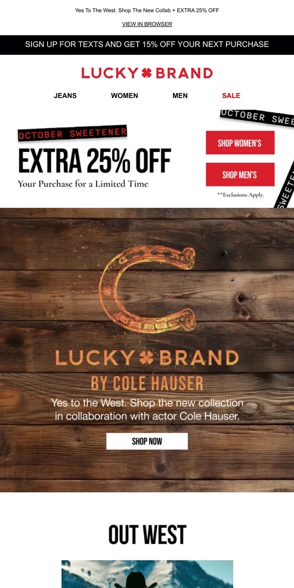 Email from Lucky Brand. JUST DROPPED: Cole Hauser x Lucky Brand