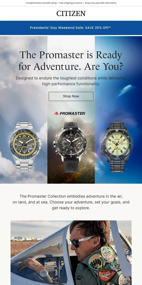 Email from Citizen Watch. Explore new depths, reach new peaks, and soar to new heights with the Citizen Promaster collection