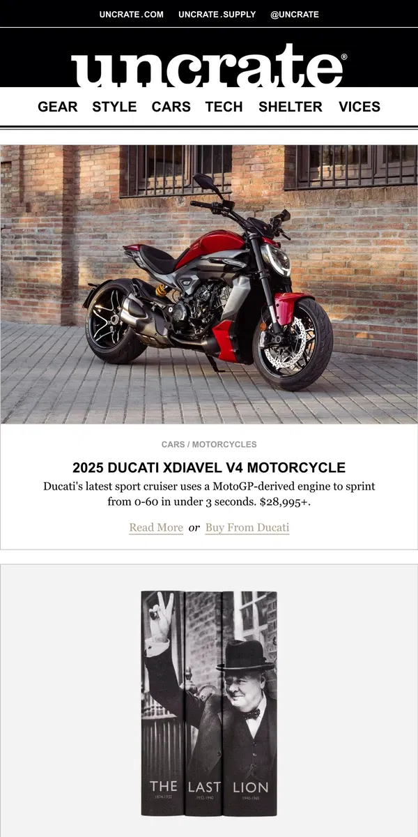 Email from Uncrate. 2025 Ducati XDiavel V4 Motorcycle & more