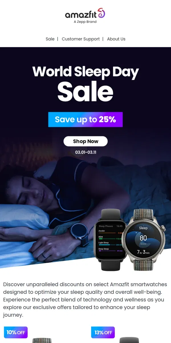 Email from Amazfit. Celebrate World Sleep Day with up to 25% off!