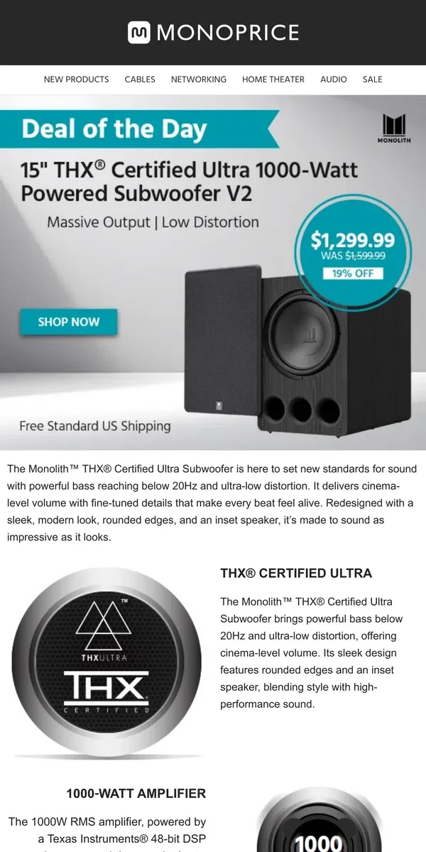 Email from Monoprice. 1000 Watts For 30% Less? Yes, Please! (DEAL OF THE DAY)